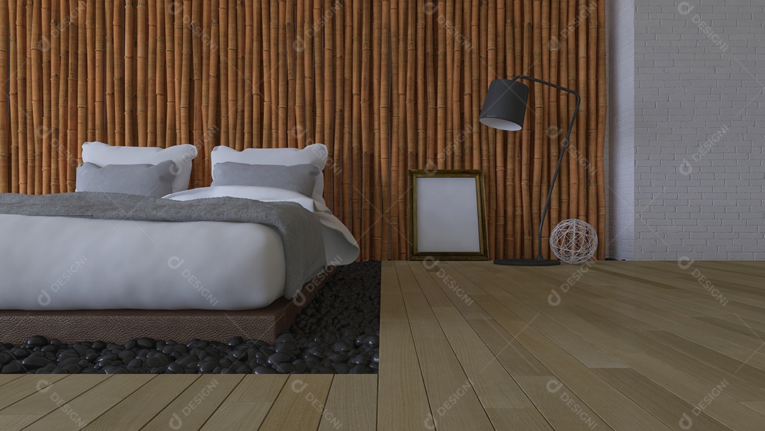 Cama 3Ds e parede de bambu.