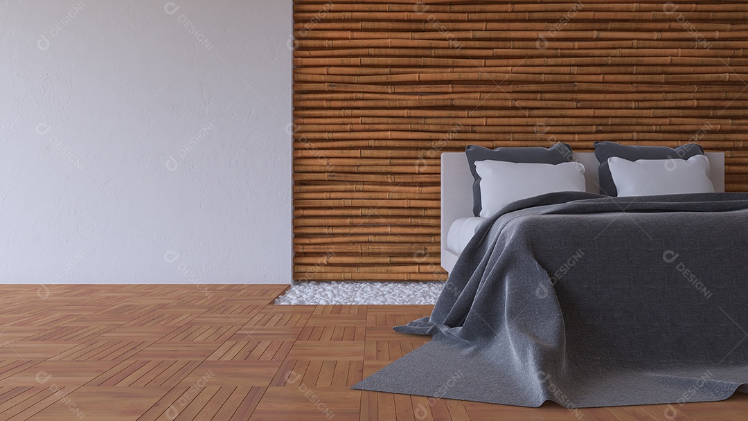 Cama 3Ds e parede de bambu.