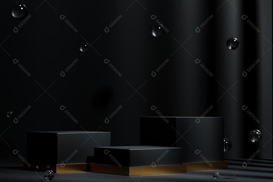 renderização 3D de três pódios vazios em um fundo preto. Jantar de resumos para exposição do produto.