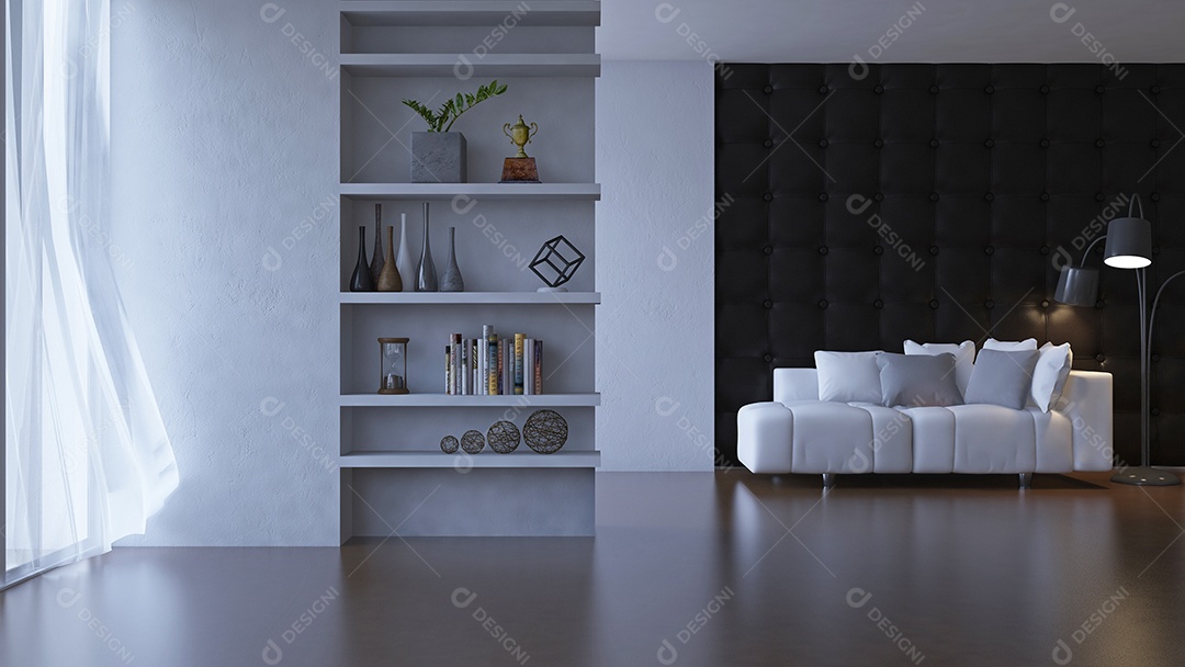 Sala 3D com parede de couro.