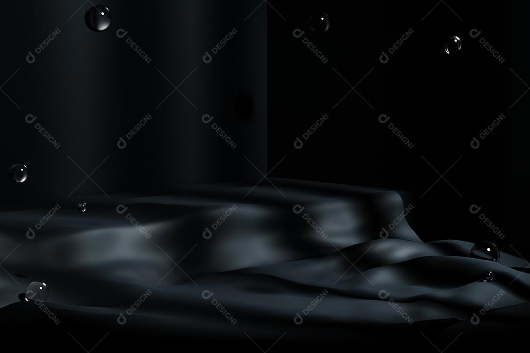 renderização 3D de fundo preto com tecido para exibição de produtos.