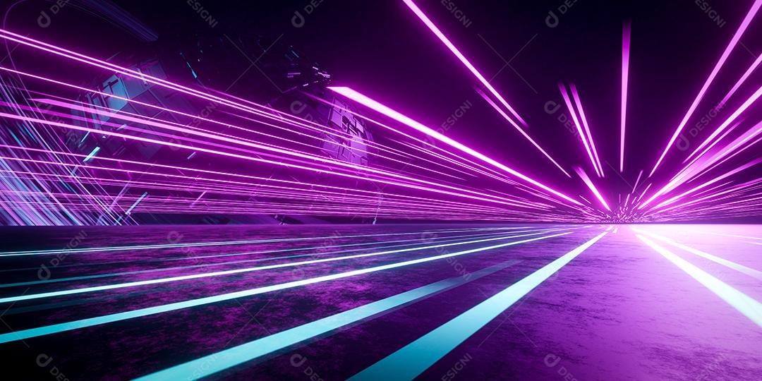 3D renderização sci fi e fundo de tecnologia. Grande planeta de metal com rastro de luz rosa e azul de luz no fundo do espaço escuro.