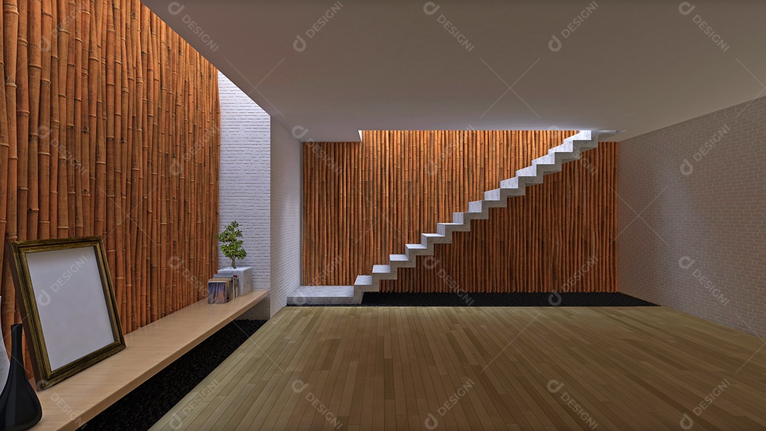 Design de interiores 3D do quarto com parede de bambu.