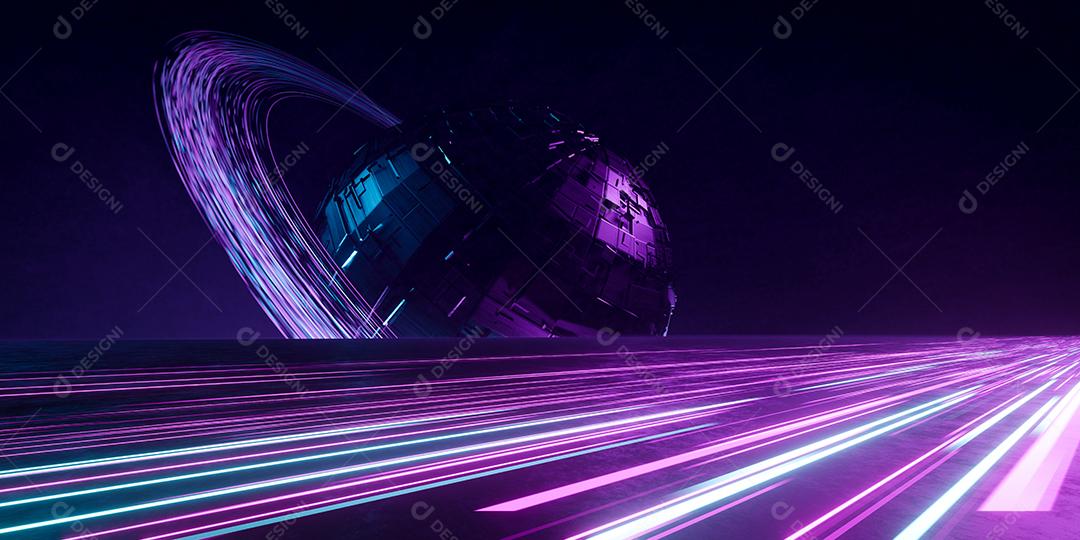 3D renderização sci fi e fundo de tecnologia. Grande planeta de metal com rastro de luz rosa e azul de luz no fundo do espaço escuro