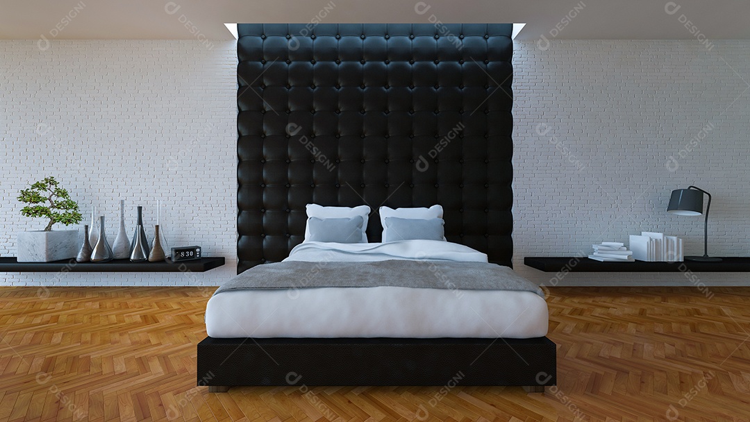 Quarto de cama 3D com parede de couro.