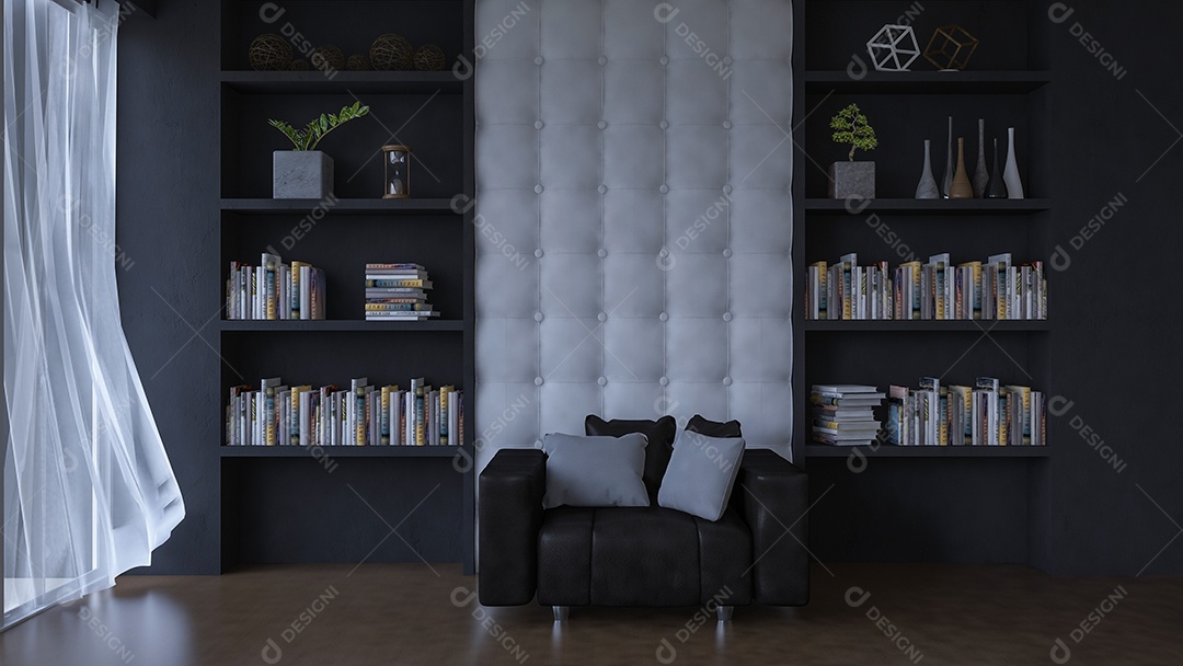 Sala 3D com parede de couro.