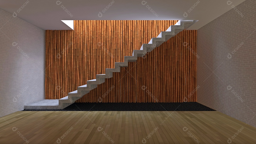 3D interior design of bedroom with bamboo wall.
