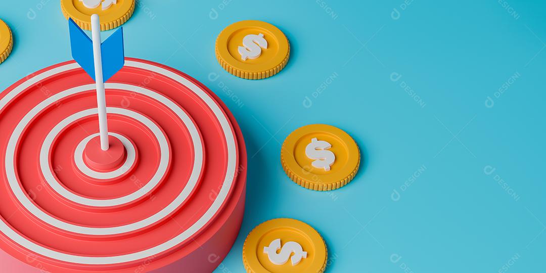 renderização 3D imagem de alvo com flecha e tokens de moedas