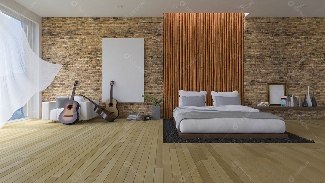 Imagem de renderização 3d do quarto, cama branca na base de couro no buraco do chão cheio de pedra preta.