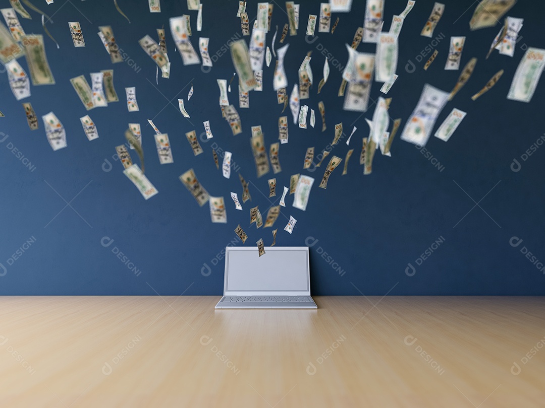 Trabalhando online no laptop ganhando dinheiro.