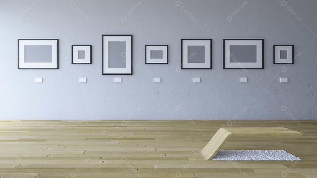 Imagem de renderização 3D da sala da galeria com moldura em branco.