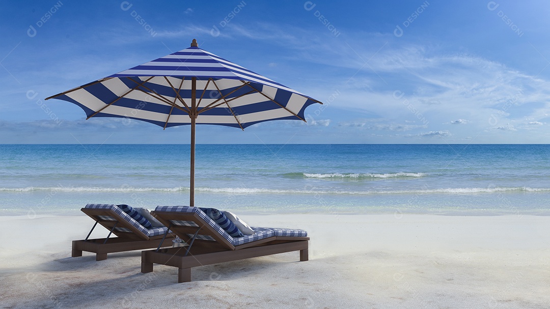 Guarda-chuva 3d azul e branco na praia.