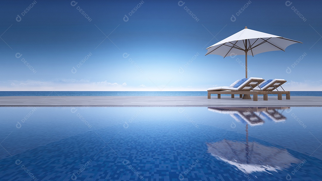 Imagem de renderização 3D de sofá e guarda-chuva no terraço de madeira curva.