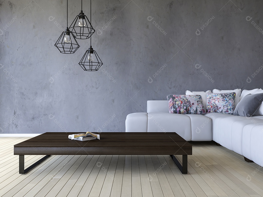 3ds renderizando sofá branco e mesa de madeira.