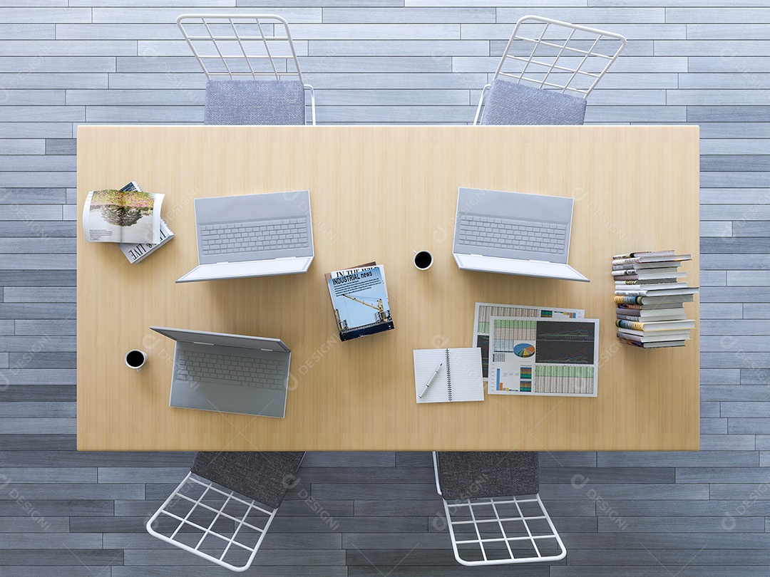 Renderização 3D da mesa de trabalho com estilo plano leigo.