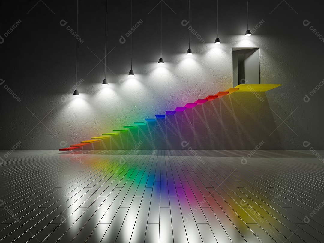 3d renderização de escada colorida construída por vidro.