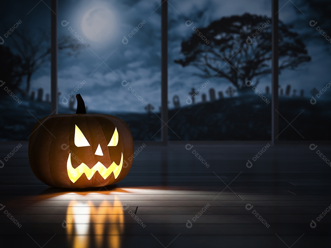 Imagem de renderização 3D da cabeça de abóbora no quarto escuro.