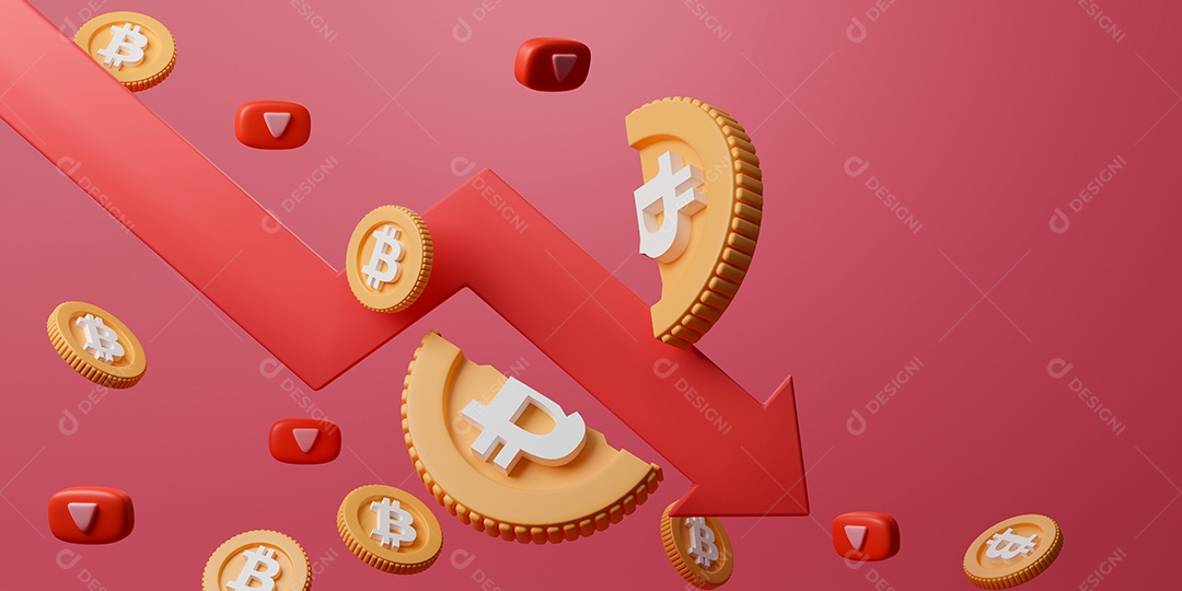 Renderização 3D de criptomoeda cortada ao meio e seta para baixo