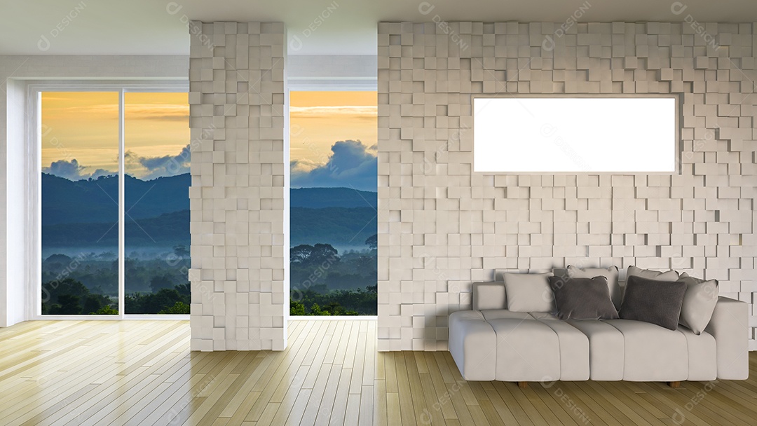 imagem de renderização 3D da sala vista para montanhas simples, luz solar da janela e sombra no piso de madeira,