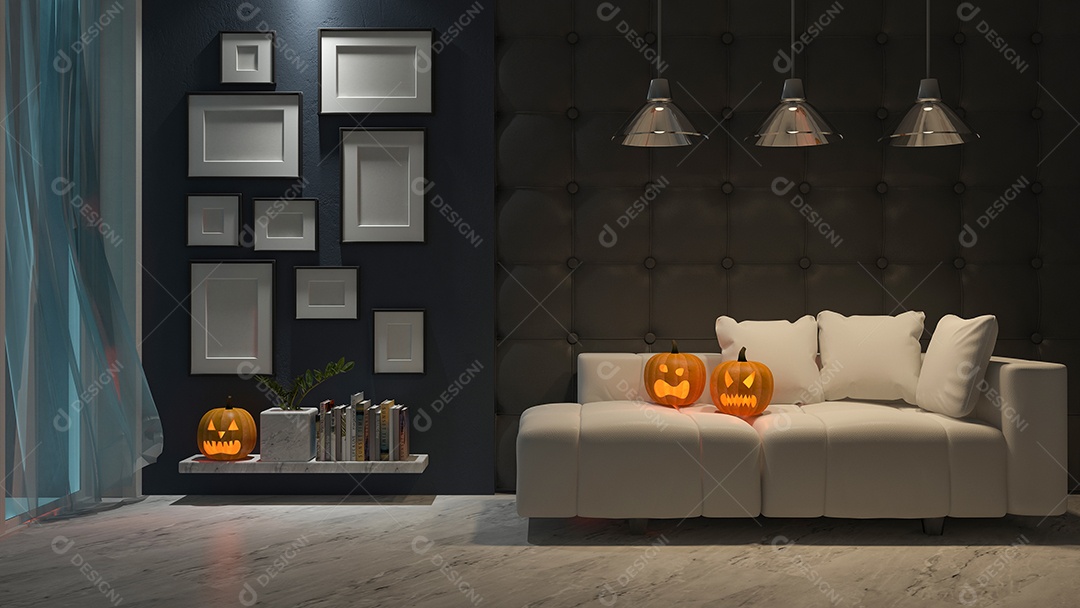 Imagem de renderização 3D de design de interiores no festival de halloween. Cabeça de abóbora no sofá, truque ou fio.