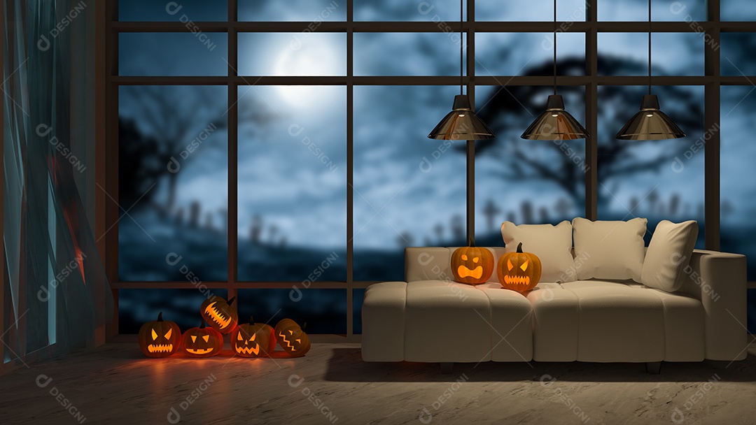 Imagem de renderização 3D de design de interiores no festival de halloween. Cabeça de abóbora no sofá que tem vista de janela grande como plano de fundo, truque ou fio.