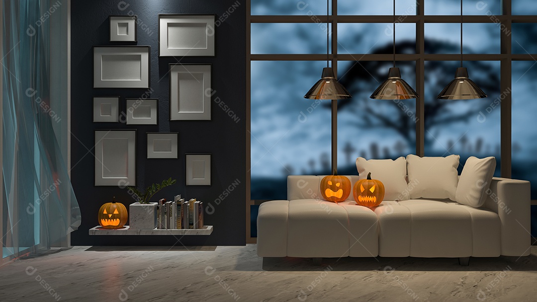Imagem de renderização 3D de design de interiores no festival de halloween. Cabeça de abóbora no sofá que tem vista de janela grande como plano de fundo, truque ou fio.