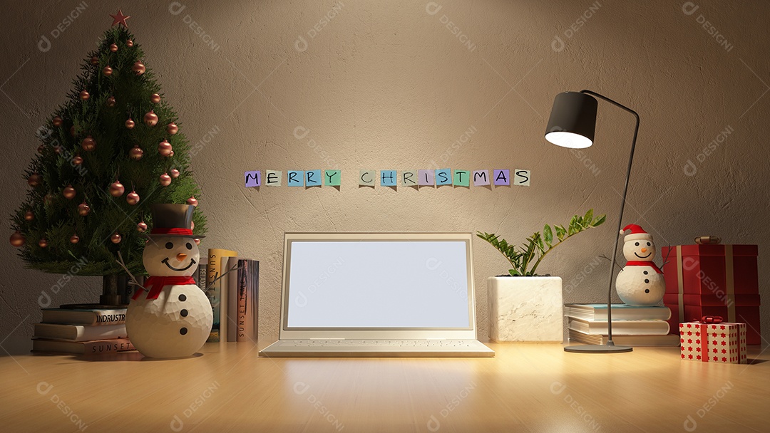 Imagem de renderização 3D da mesa de trabalho no dia de natal.