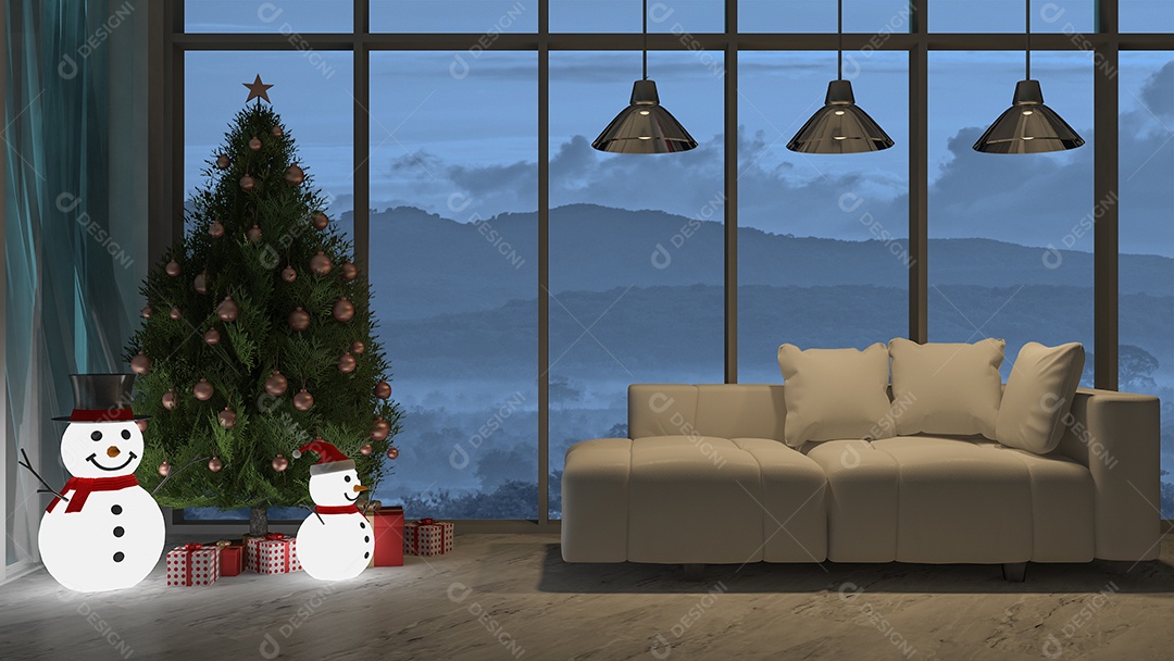 Imagem de renderização 3D da sala de estar no dia de natal.