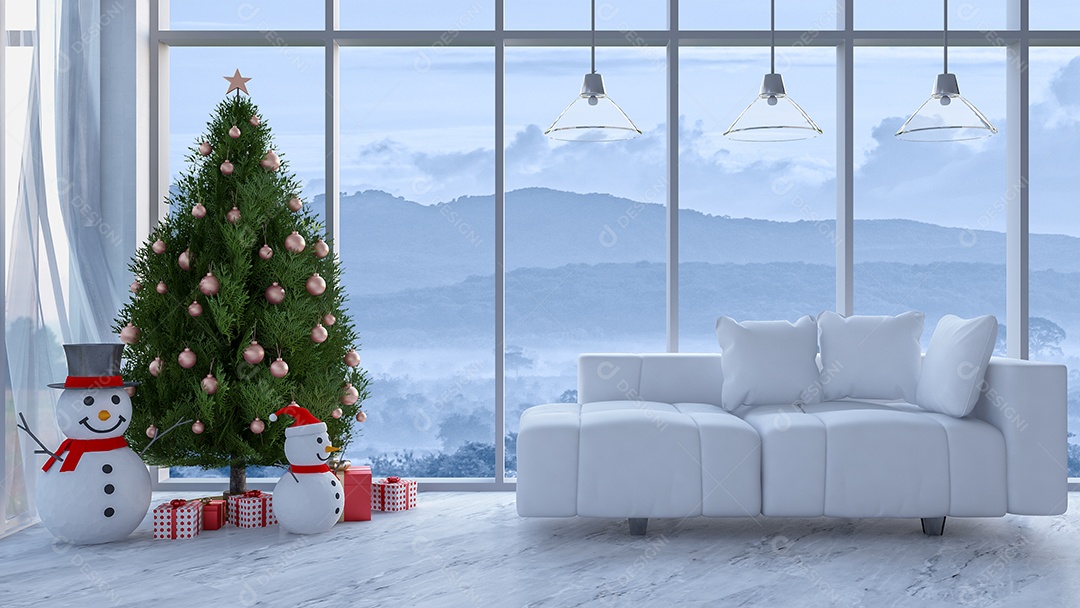 Imagem de renderização 3D da sala de estar no dia de natal.
