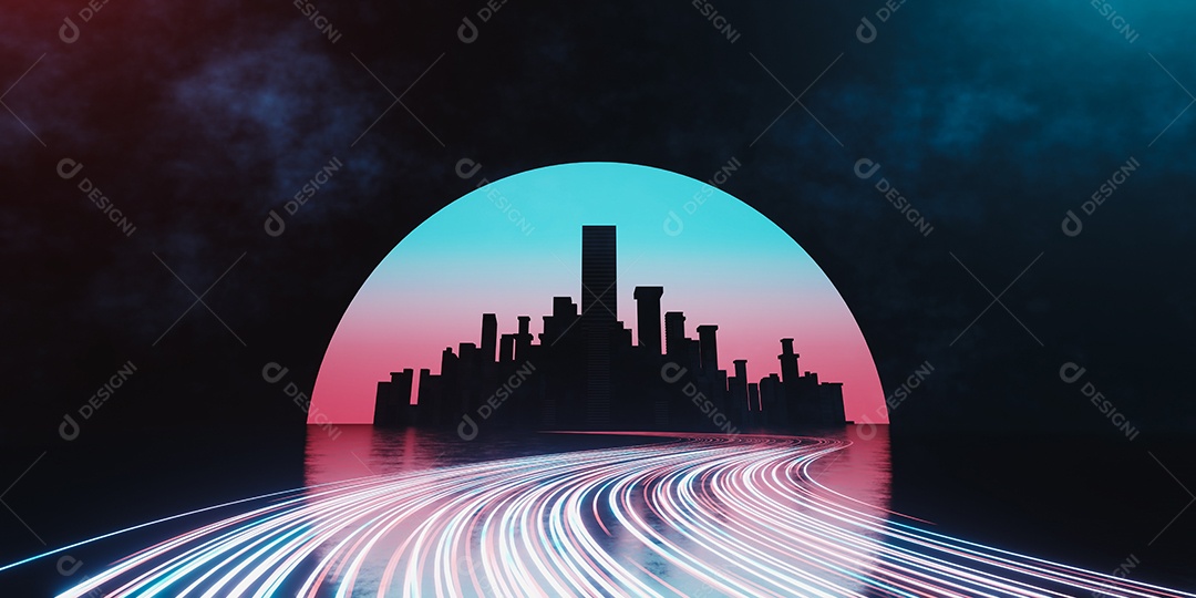 Paisagem da cidade noturno com luzes neon