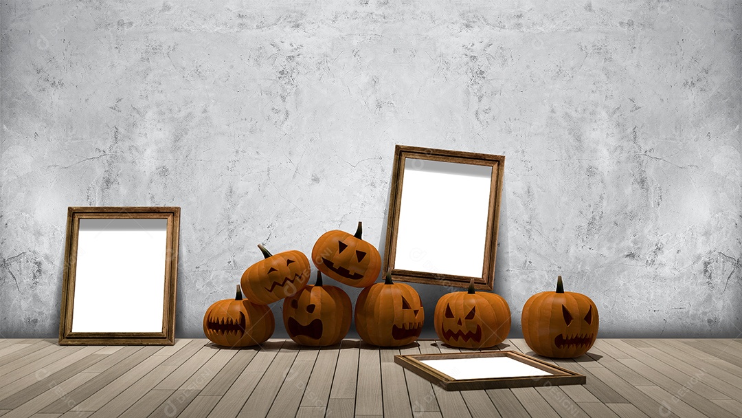 Imagem de renderização 3D da cabeça de abóbora no chão e moldura.