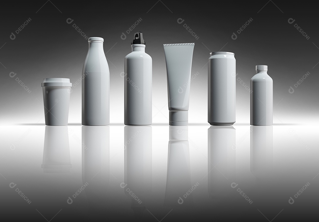 Imagens de maquete de renderização 3d de garrafas e latas brancas.