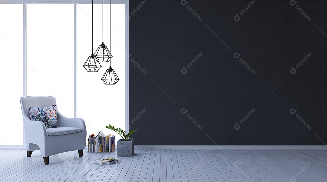 Imagem de renderização 3D da sala de estar de design de interiores com maquete de parede e maquete de vista de janela.