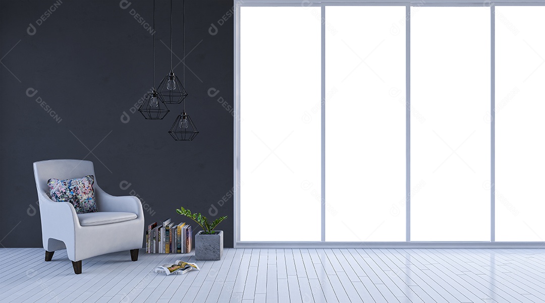 Imagem de renderização 3D da sala de estar de design de interiores com maquete de parede e maquete de vista de janela.