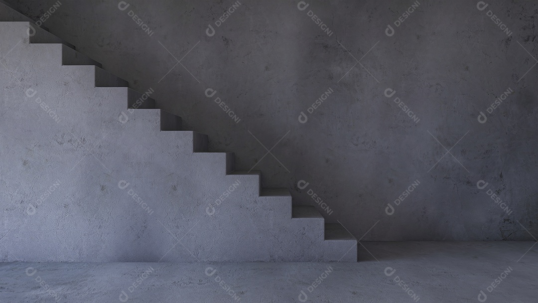 Imagem de renderização 3D de escada de concreto e prateleira de cabos que têm molduras para fotos. Maquete de molduras para fotos.