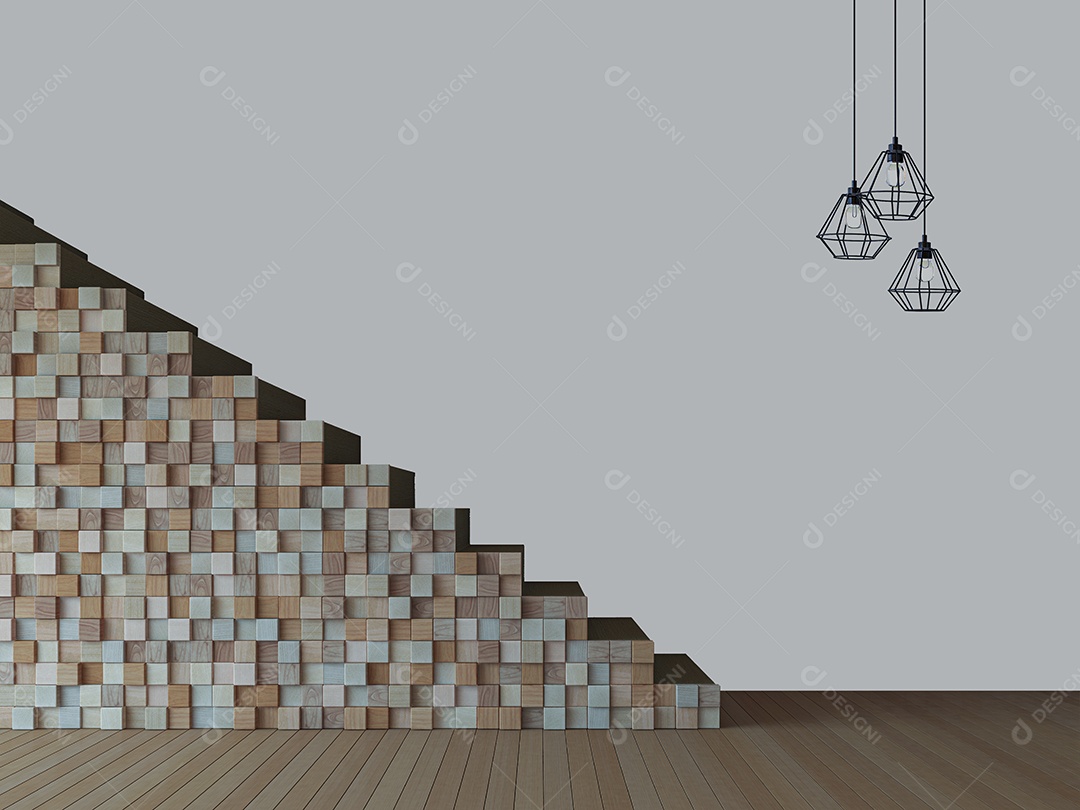 Imagem de renderização 3D de escadas de madeira e fundo de parede.