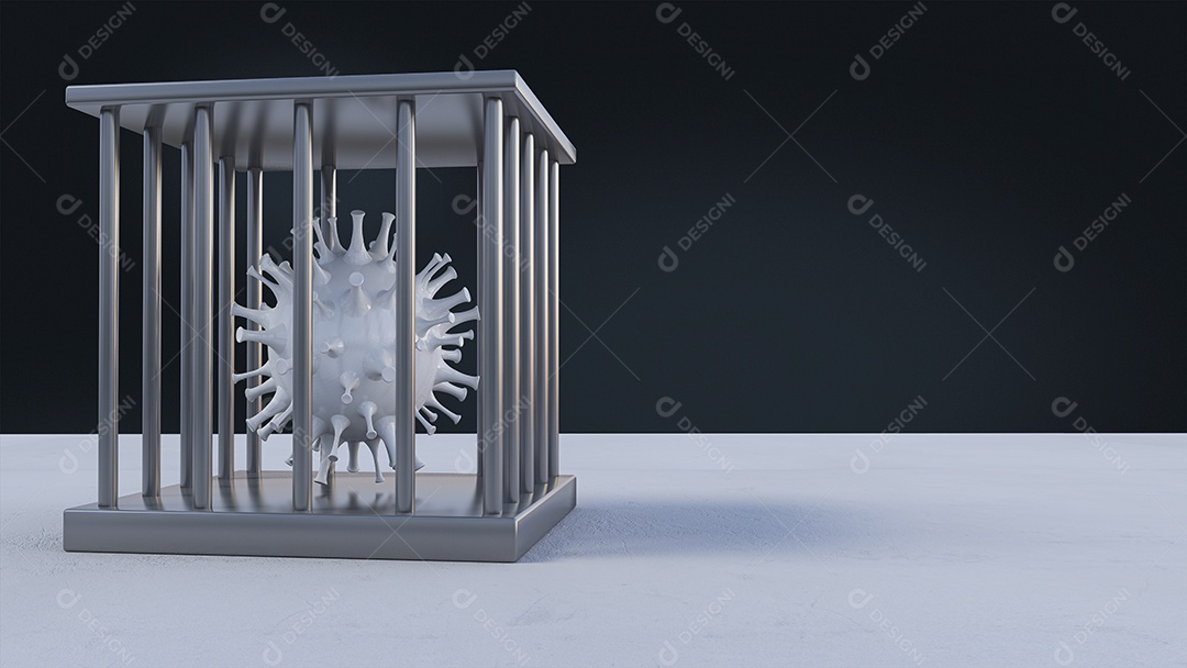 Renderização em 3D do modo simples de vírus covid-19 em gaiola de ferro no chão.