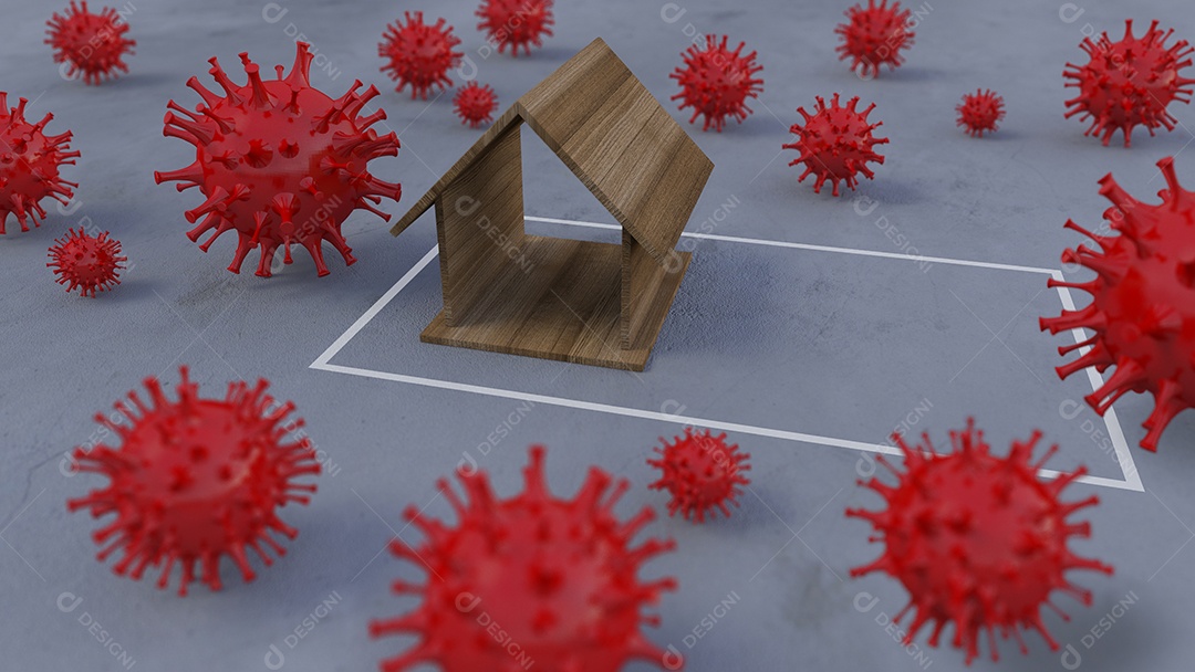 Imagem de renderização 3D do modelo de casa de madeira na parede de concreto.