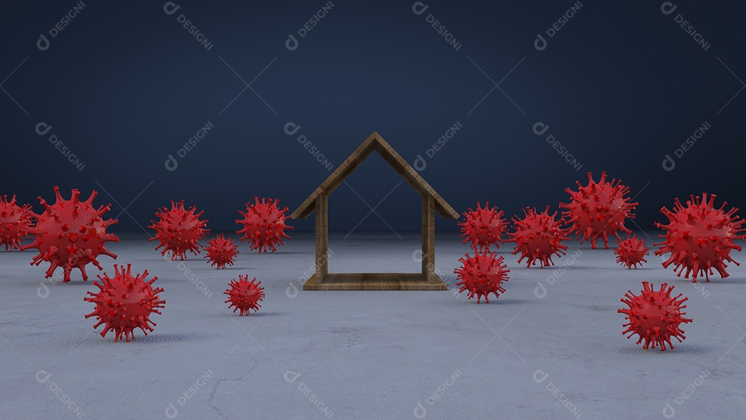 Imagem de renderização 3D do modelo de casa de madeira na parede de concreto.