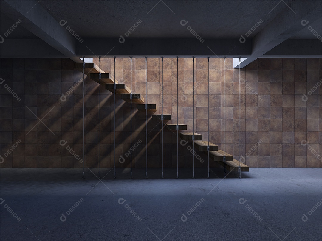 Imagem de renderização 3D de escadas com sombra na parede.