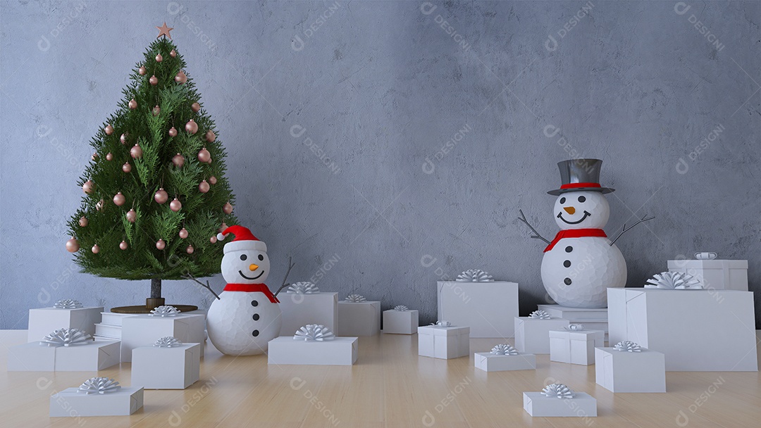 Renderização em 3Ds da árvore de Natal & amp; homem de neve em cima da mesa.