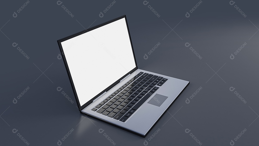 Imagem de renderização 3D do laptop em fundo cinza escuro.