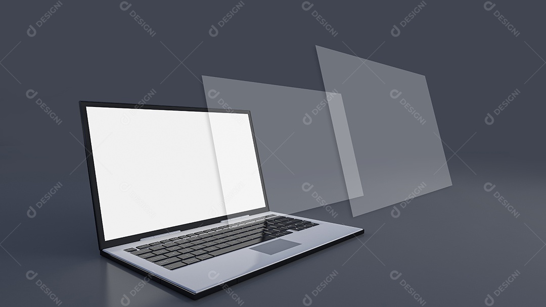 Imagem de renderização 3D do laptop em fundo cinza escuro.