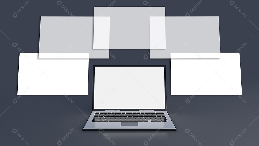 Imagem de renderização 3D do laptop em fundo cinza escuro.