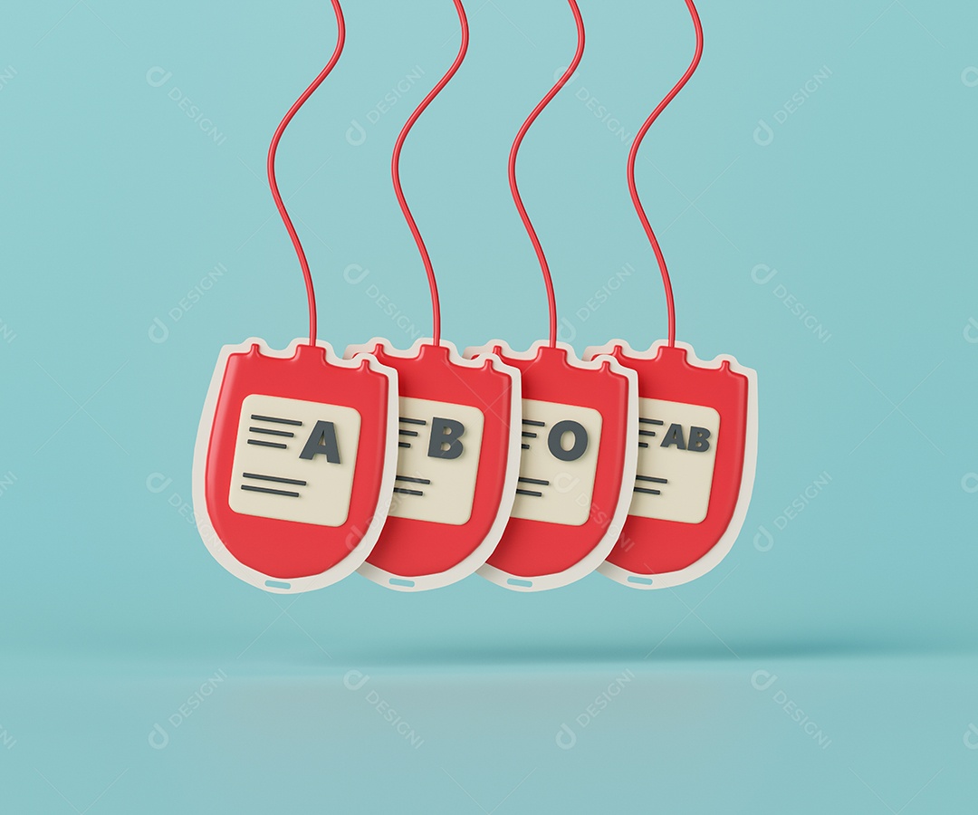 Grupo sanguíneo abo de renderização 3D com bolsas de sangue em fundo azul claro