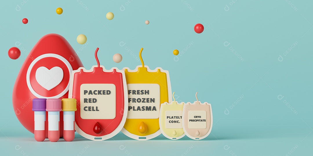 Grupo sanguíneo abo de renderização 3D com bolsas de sangue em fundo azul claro