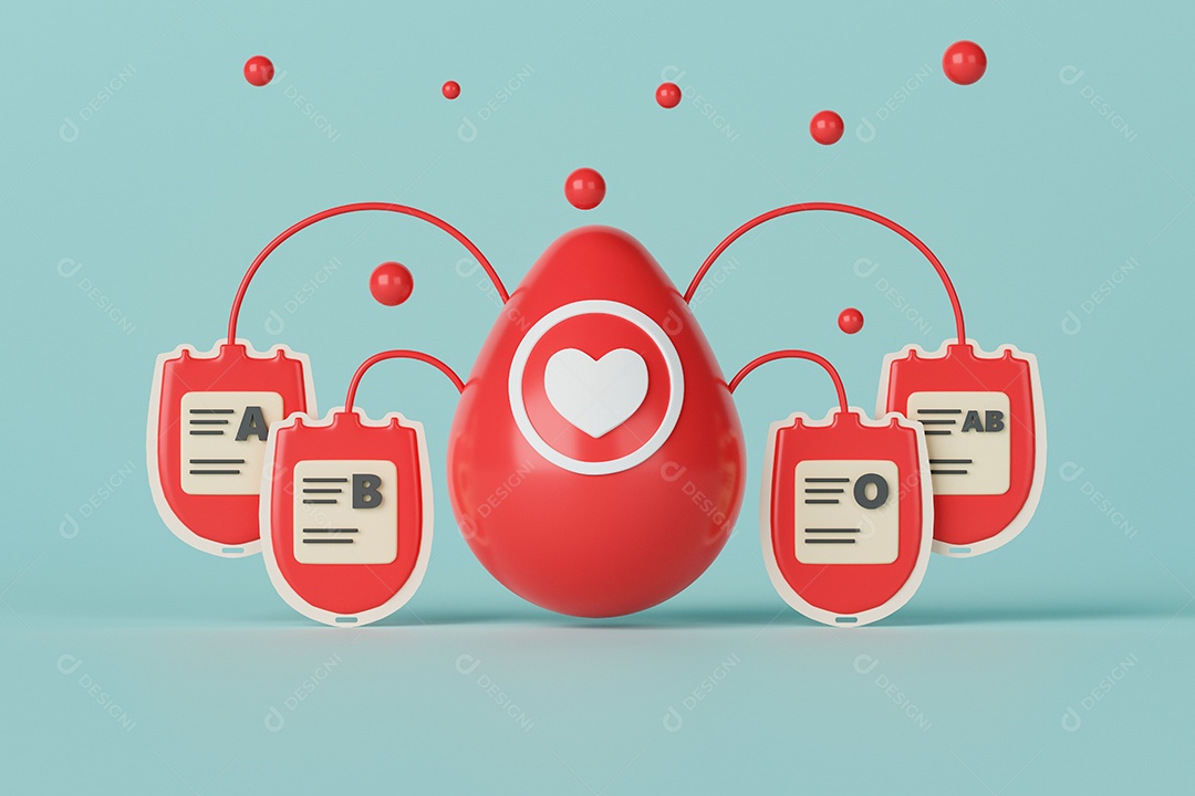 Grupo sanguíneo renderização 3D com bolsas de sangue em fundo azul claro
