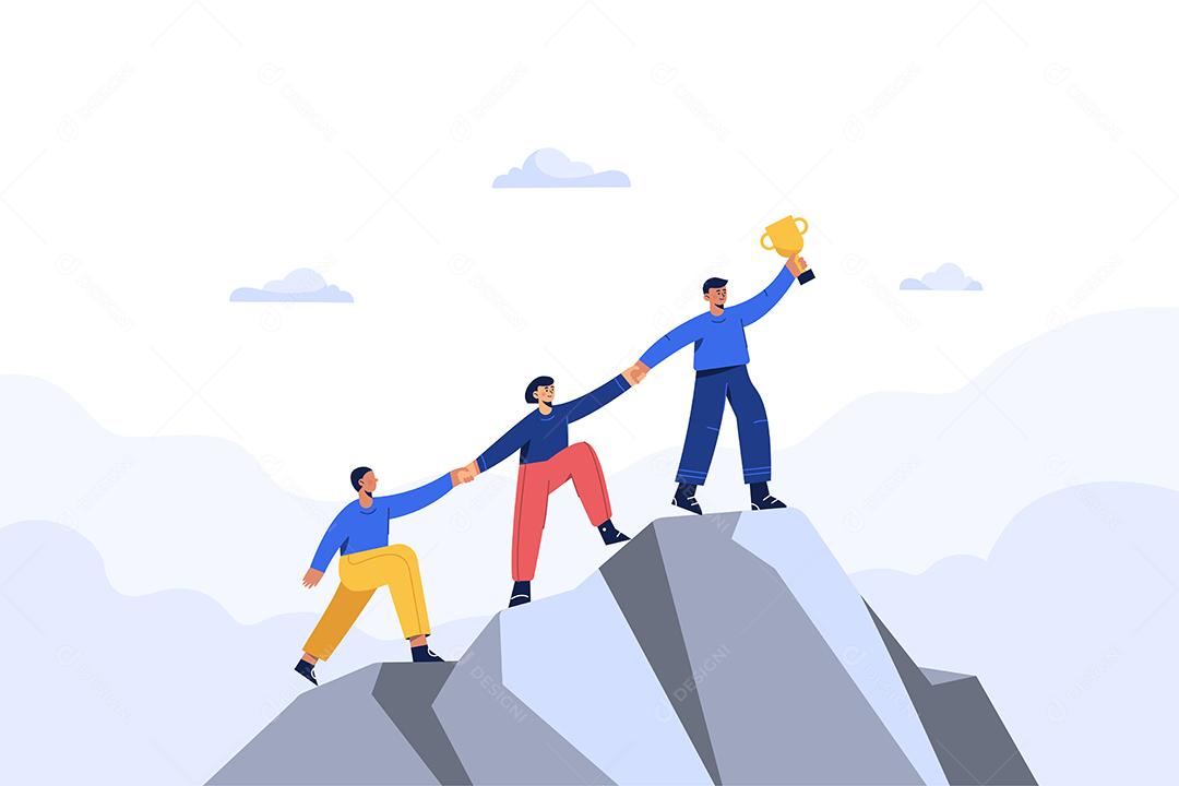 Empresário de sucesso e sua equipe vão para novas oportunidades de negócios. Ilustração em vetor plana de conceito de negócio