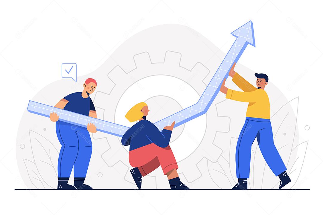 O trabalho em equipe de negócios gerencia o gráfico de crescimento financeiro dos negócios de investimento. Seta do gráfico para cima. ilustração plana Desenho vetorial.