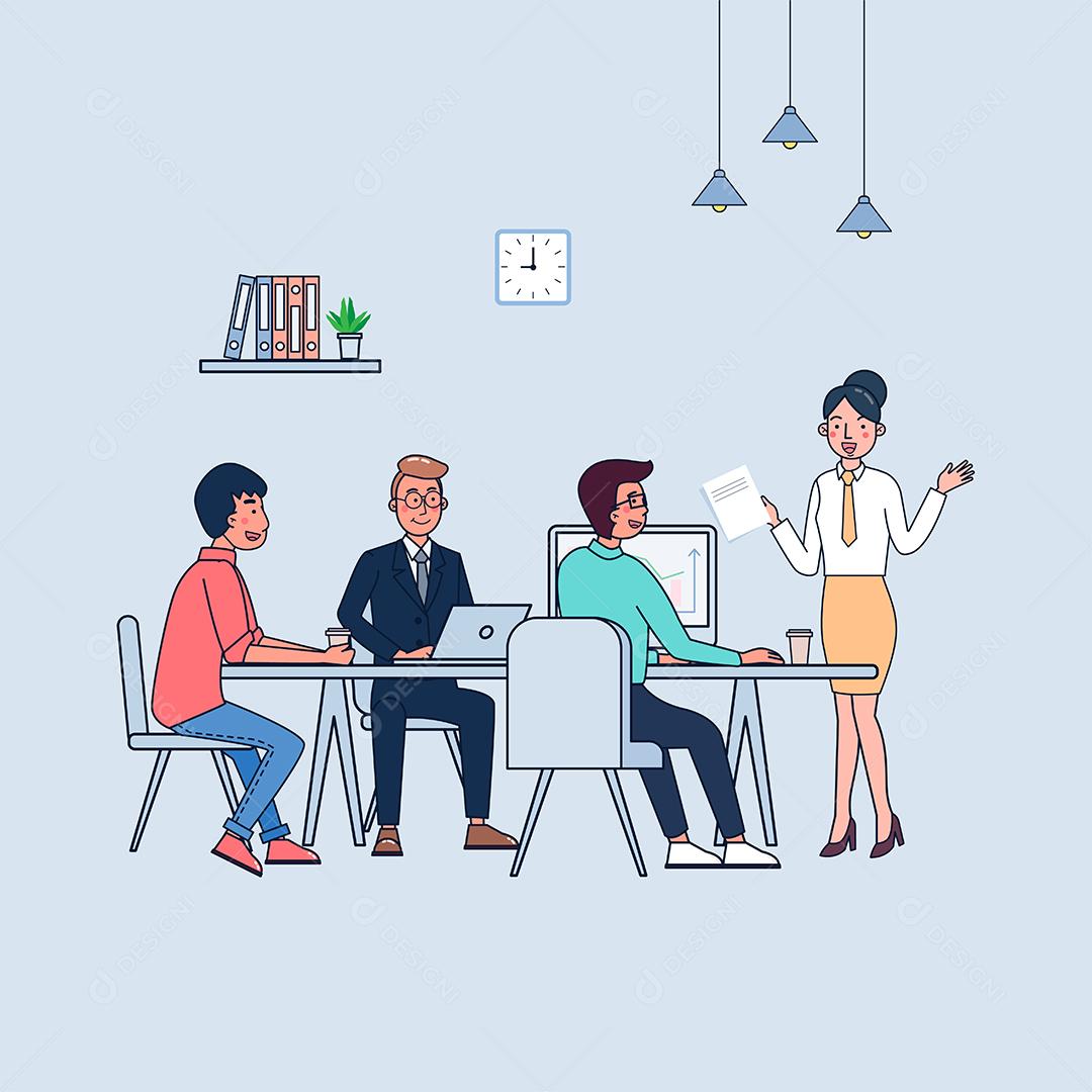 Pessoal de negócios falando e trabalhando nos computadores e gráfico na sala de reuniões. design de vetor de ilustração plana